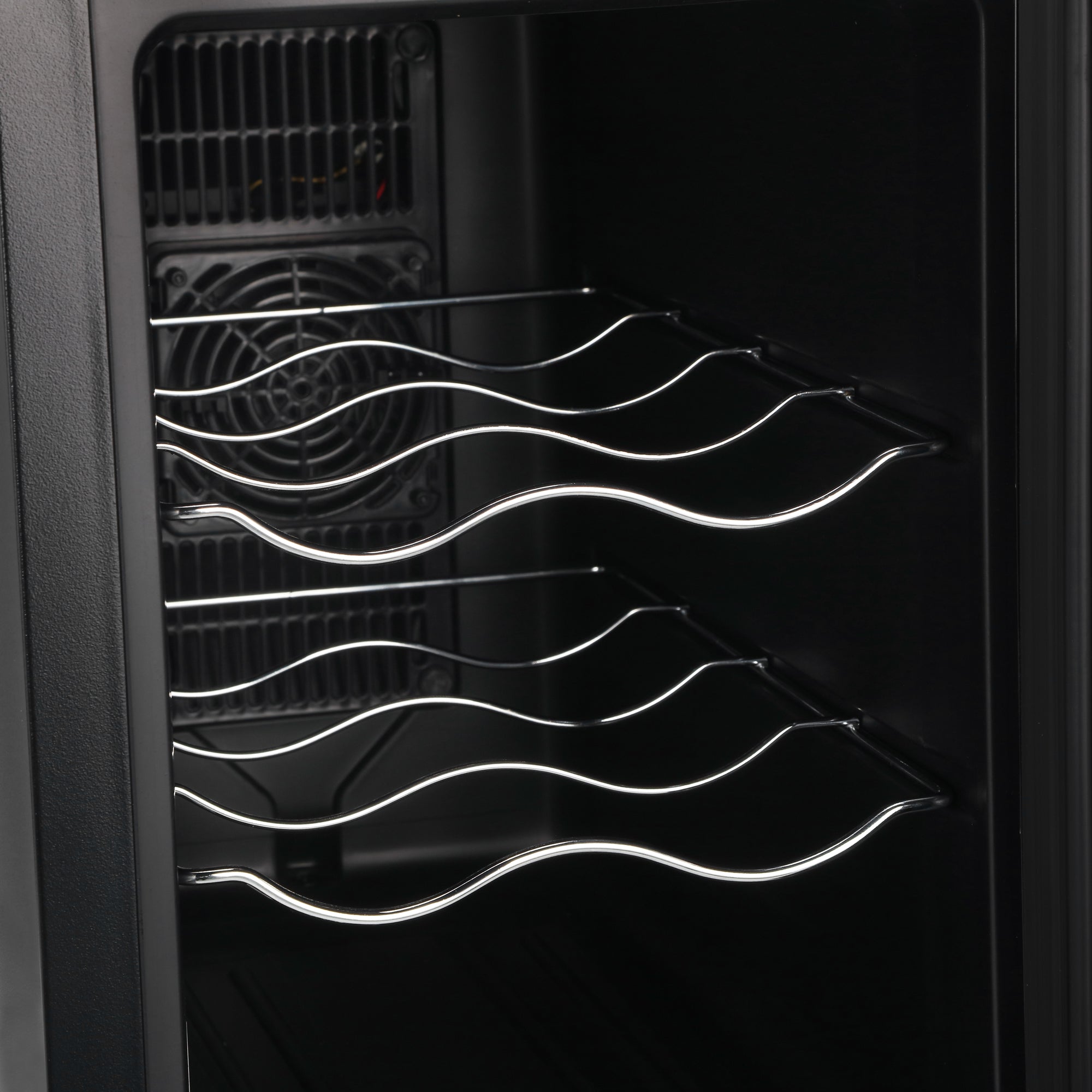 Black barcool vino6 led wine cooler with sleek wavy chrome wire shelves perfect for wine display fridge use