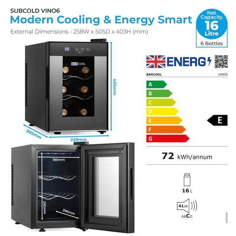 Black barcool vino6 wine cooler with glass door and digital display perfect for a sleek wine display fridge setup