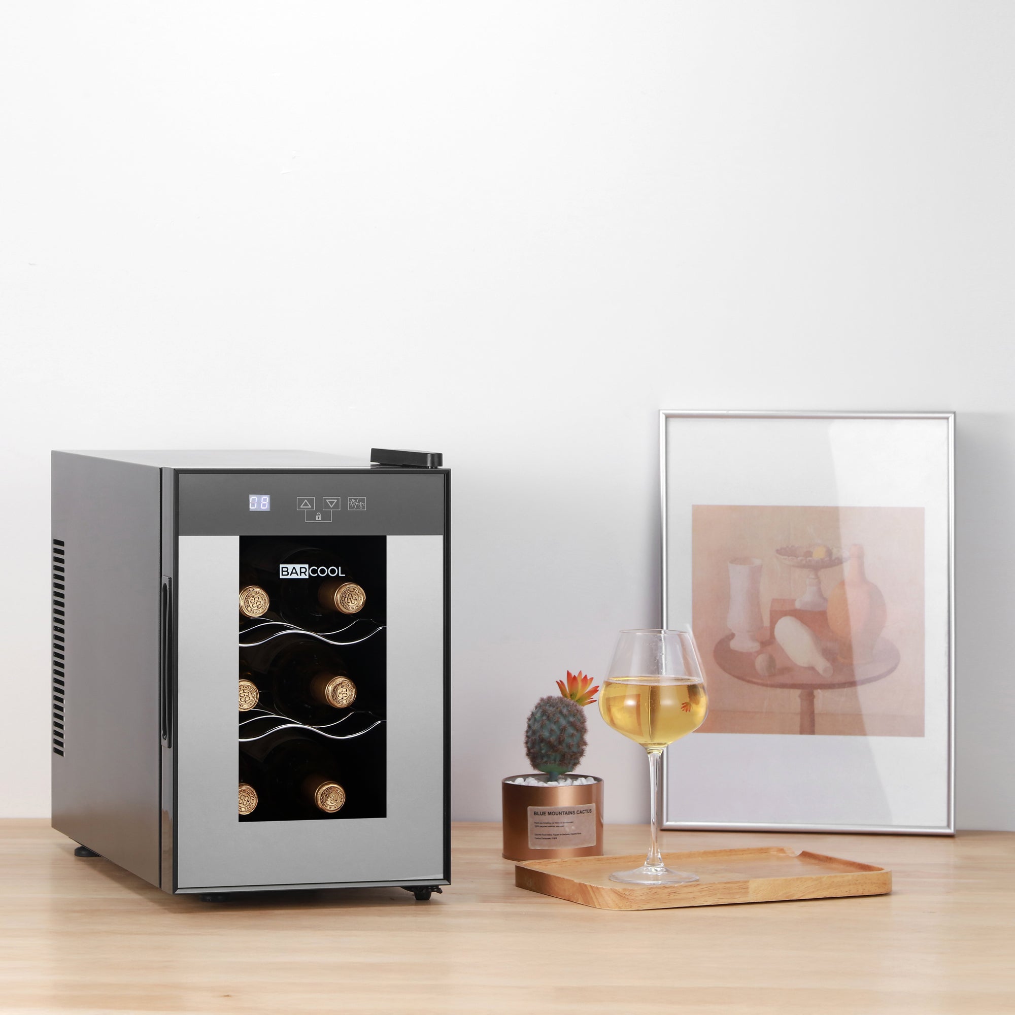 Silver and black barcool vino6 led wine display fridge with glass door showing six wine bottles inside