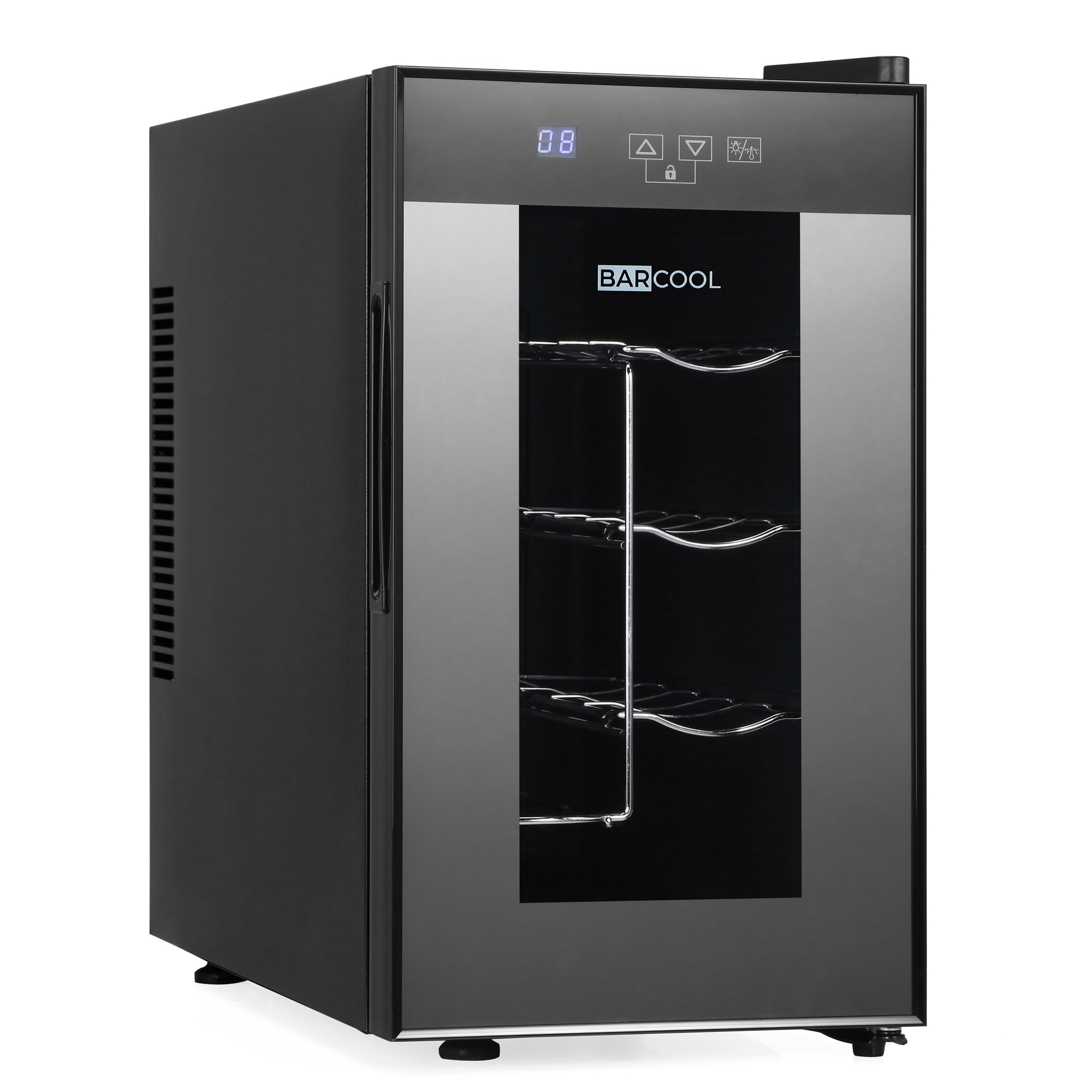 Black barcool vino8 led wine cooler with glass door, chrome racks, digital display perfect for wine display fridge use