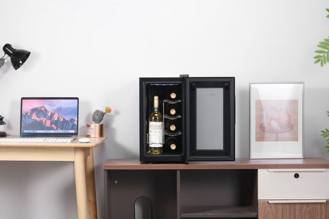 Black barcool vino8 led wine cooler with glass door and interior lighting holding a white wine bottle on its rack
