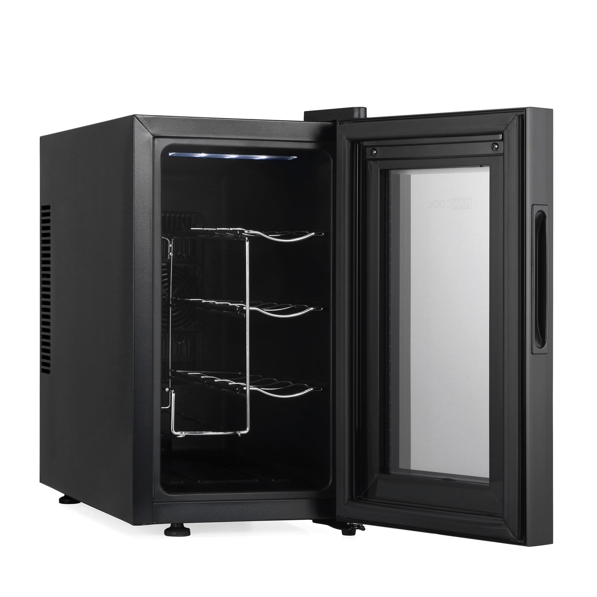 Black glass-door barcool vino8 led wine cooler with three chrome wire shelves for stylish wine display fridge use