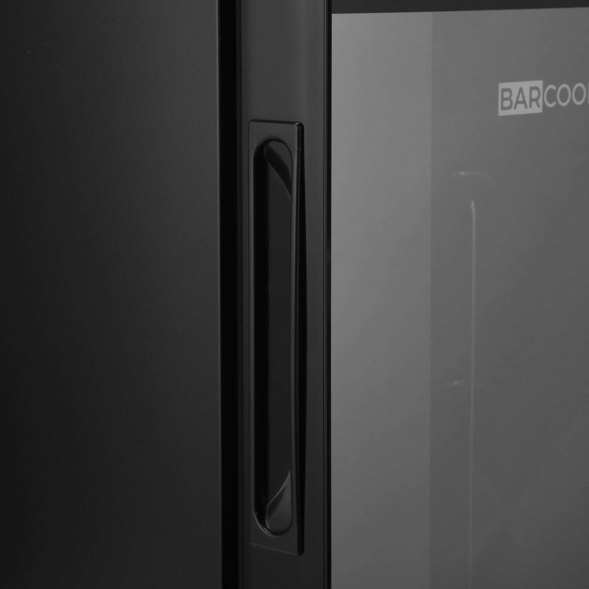 Black matte finish handle on barcoo vino8 led wine cooler ideal for stylish wine display fridge use