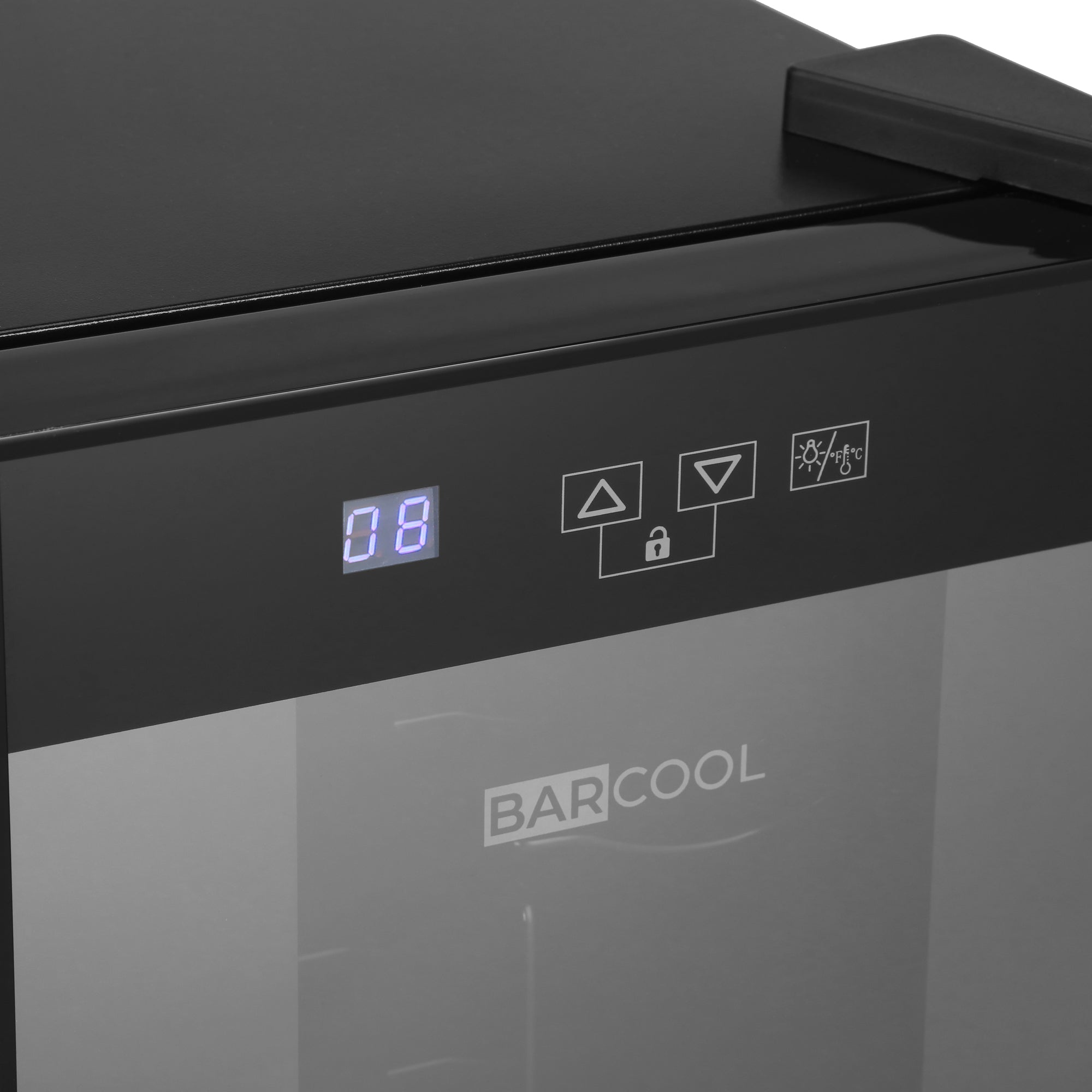 Black barcool vino8 led wine cooler mini fridge with digital display and control buttons for wine display fridge use