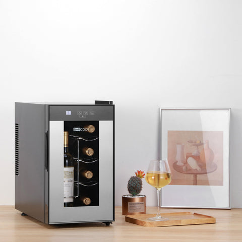 Silver and black barcool vino8 led wine display fridge with glass door showing wine bottles inside for stylish wine display
