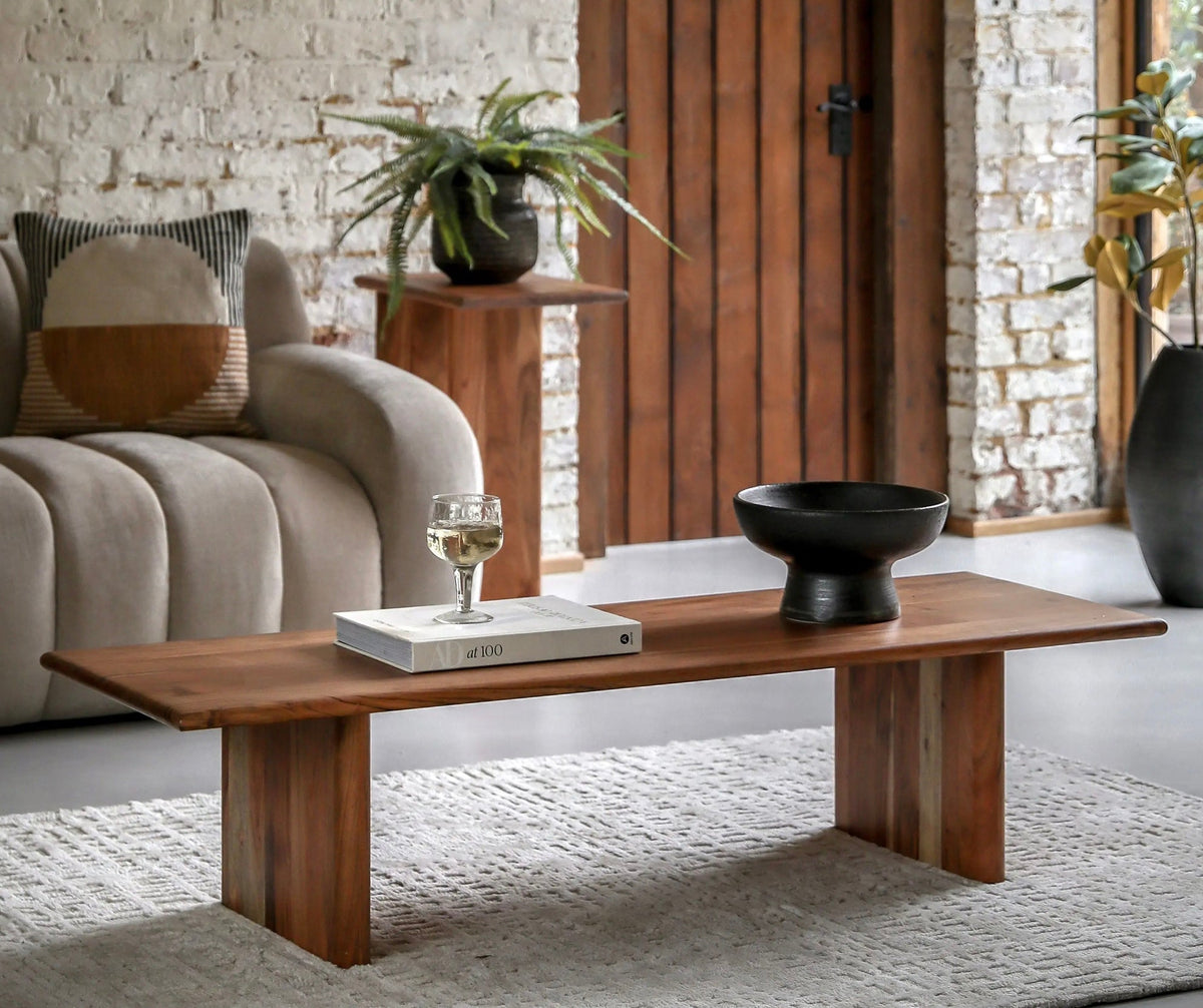 Minimalist bardo coffee table made of wood with a smooth medium brown finish and sturdy rectangular legs