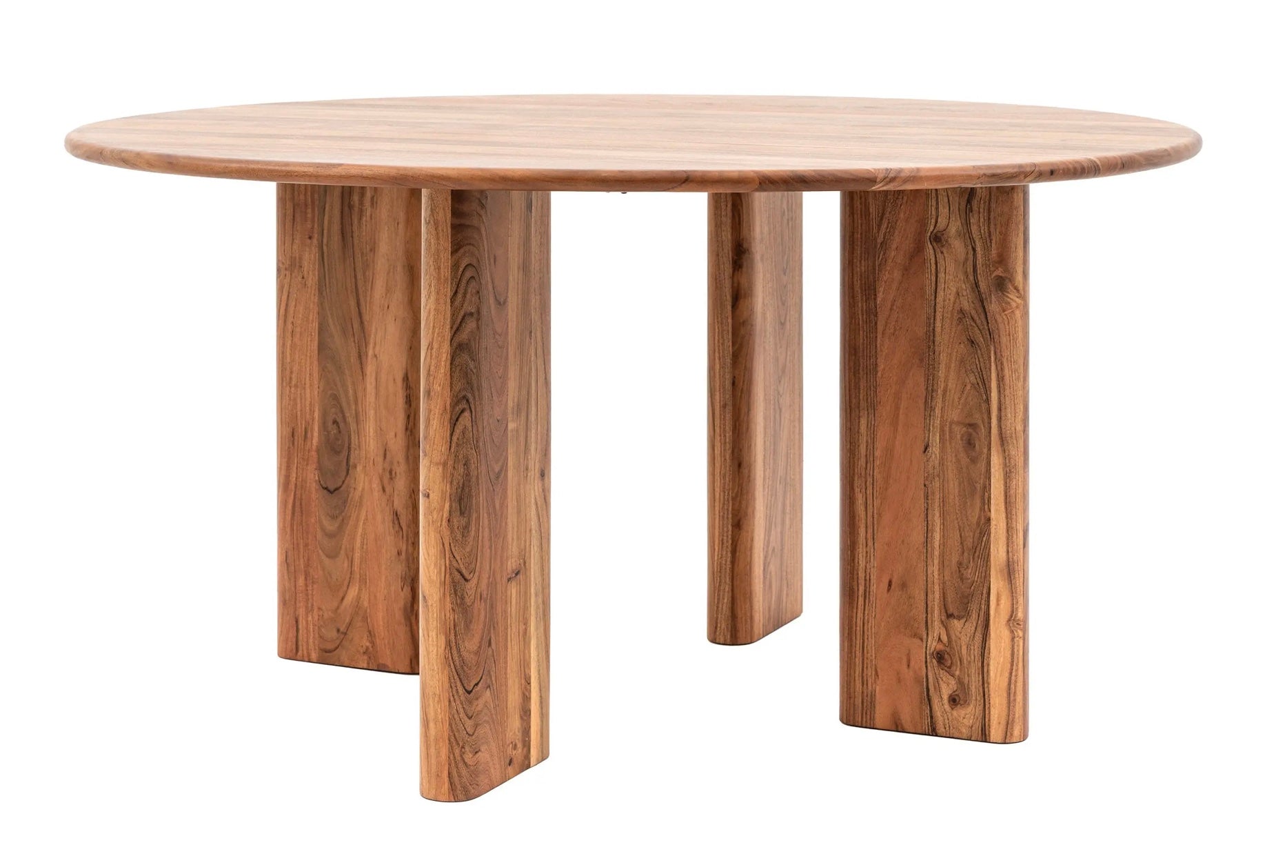Bardo round dining table with smooth light brown wood finish and four sturdy legs showing natural grain patterns