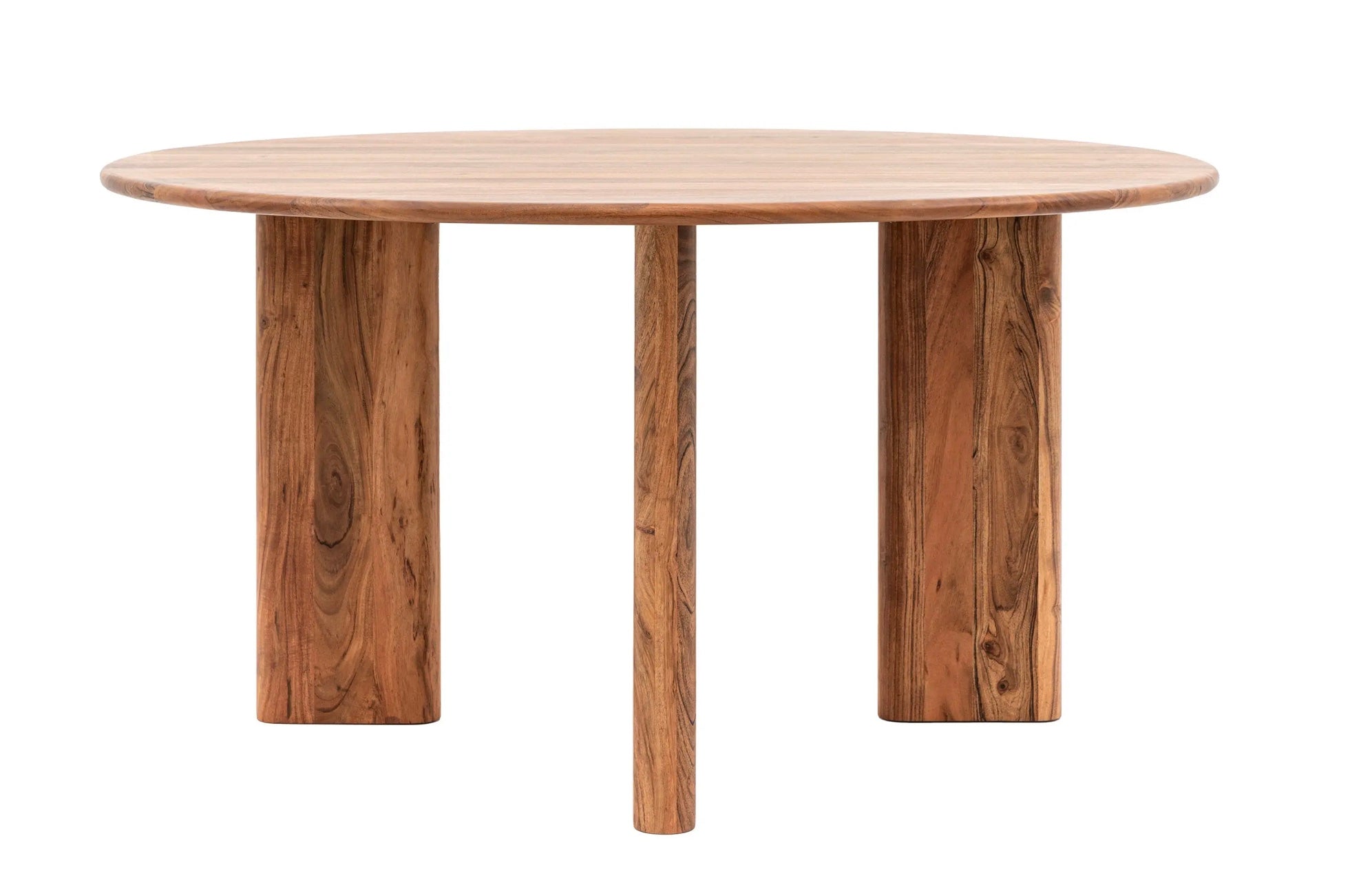 Bardo round dining table with natural wood grain finish and three sturdy vertically aligned legs in round design