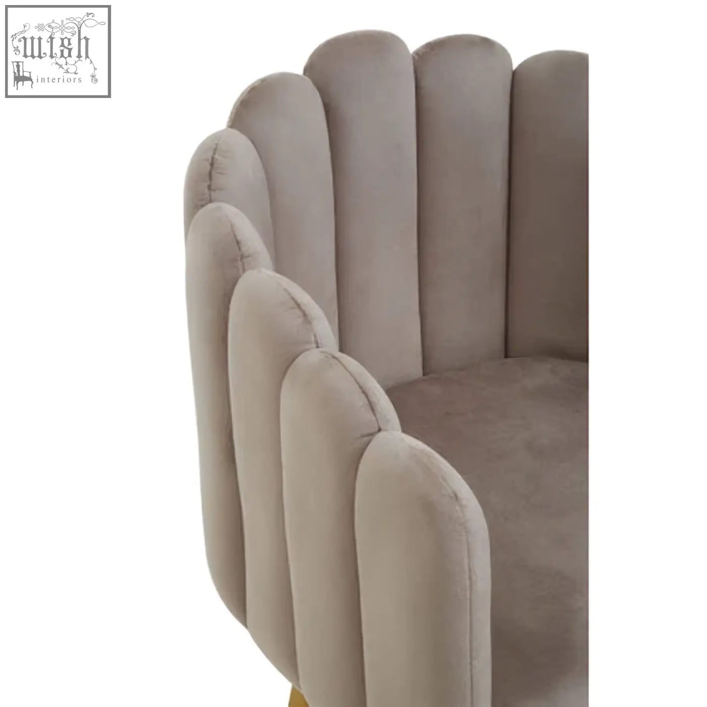 Beige mink velvet scalloped dining chair with gold-tone legs and a stylish scalloped back design