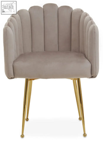Beige mink velvet scalloped dining chair with gold tone metal legs perfect for stylish dining rooms