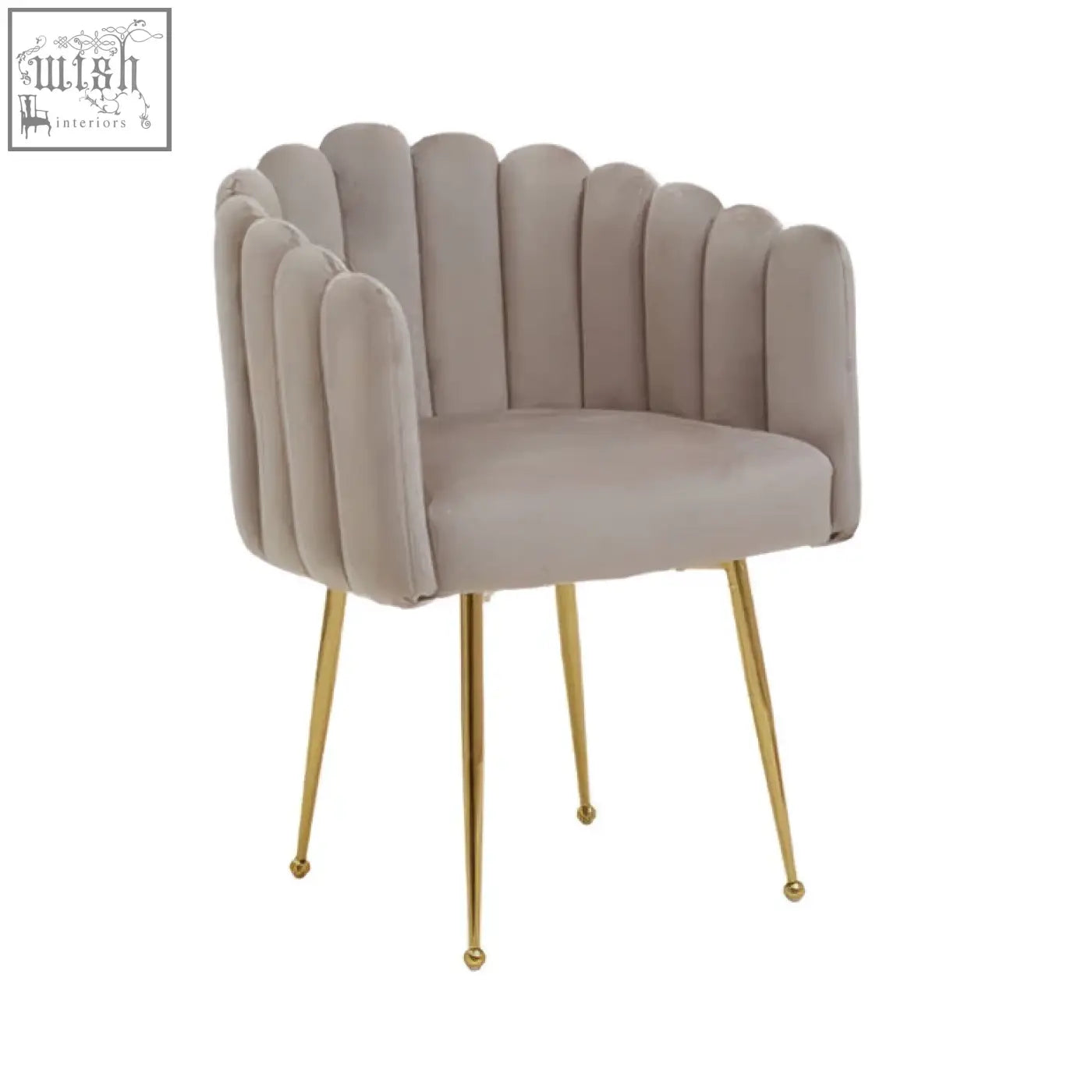 Beige mink velvet scalloped dining chair with gold-tone metal legs and elegant velvet upholstery