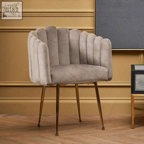 Bari mink velvet scalloped dining chair in light gray with mink velvet fabric and gold-toned metal legs