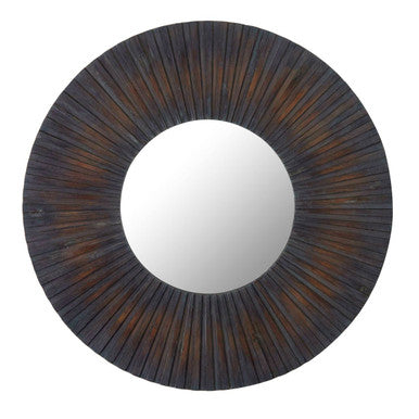 Circular barn antique wood wall mirror with dark textured frame and brown black radial slats wood effect design