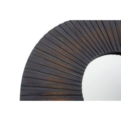 Dark brown fan-shaped barn antique wood effect wall mirror with textured wood finish and wood effect frame