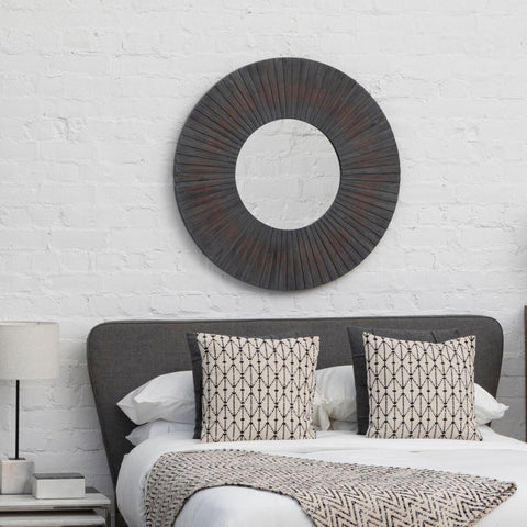 Dark wood circular barn antique wood effect wall mirror with radial slats for rustic decor