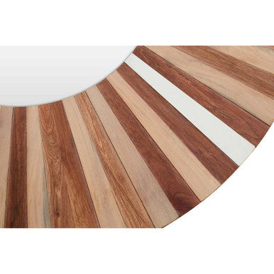 Curved wooden slat table with alternating light and dark wood tones complementing barn natural wood wall mirror design