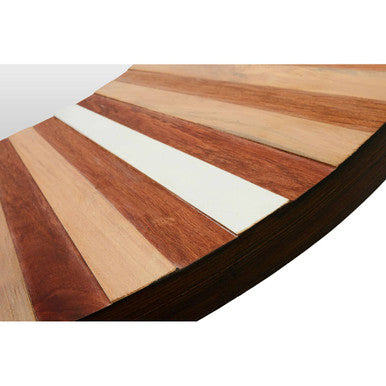 Curved wooden table with alternating light and dark strips and a white stripe matching barn natural wood wall mirror style