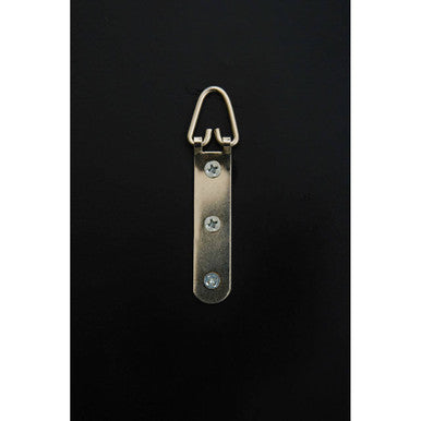 Back of barn natural wood wall mirror showing silver metal hanging hook with three screw holes for secure mounting
