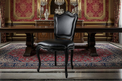 Black leather baroque dining chair with ornate curved legs and silver nailhead trim for elegant dining