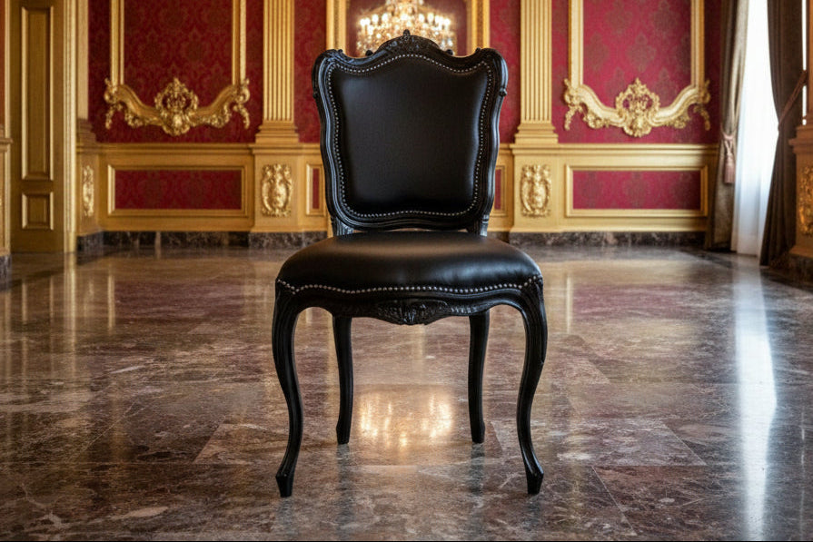 Black leather baroque dining chair with ornate gold trim and curved legs perfect for elegant dining setups