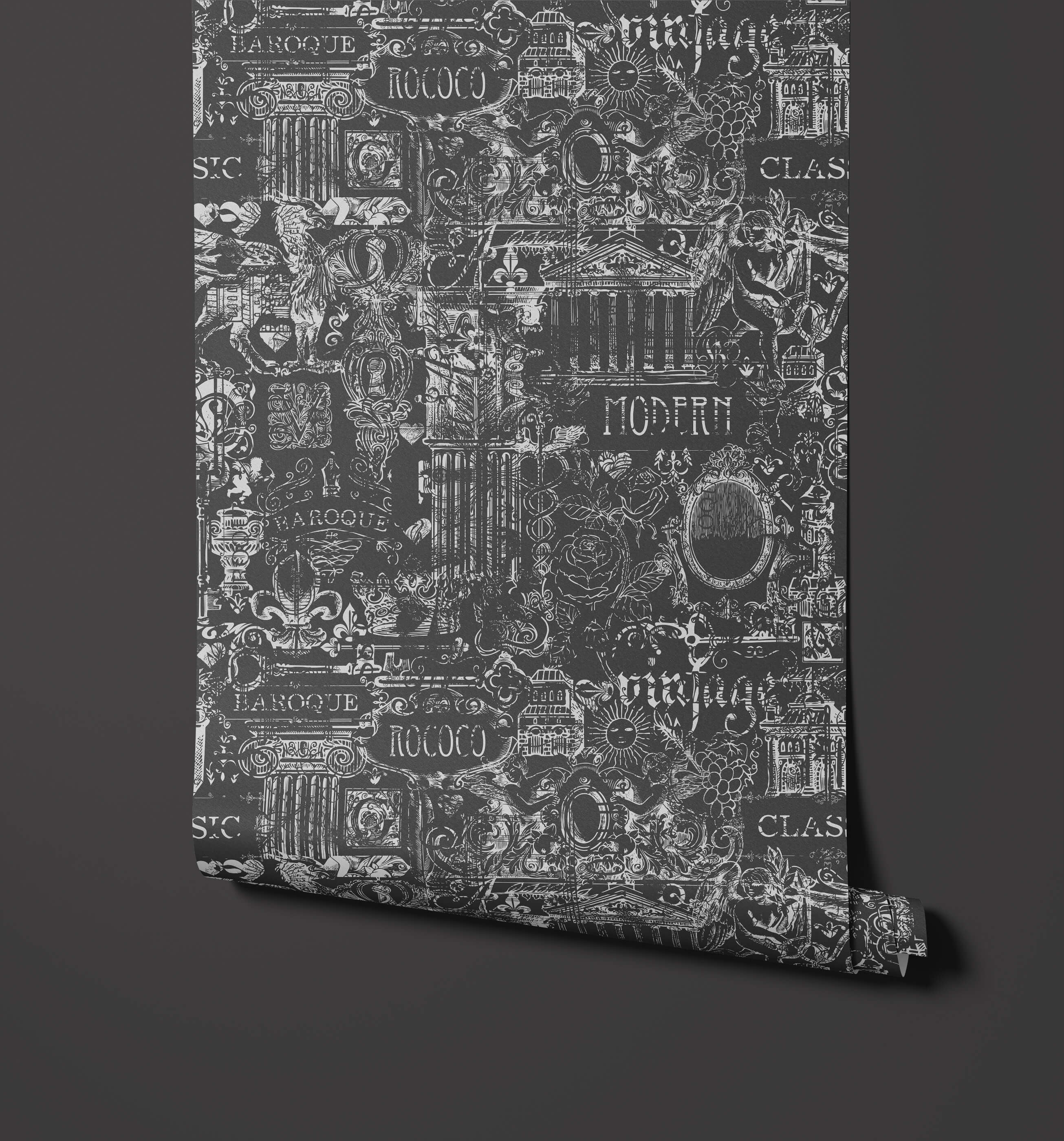 Black wallpaper barozzi with intricate white line art featuring architectural styles and decorative motifs