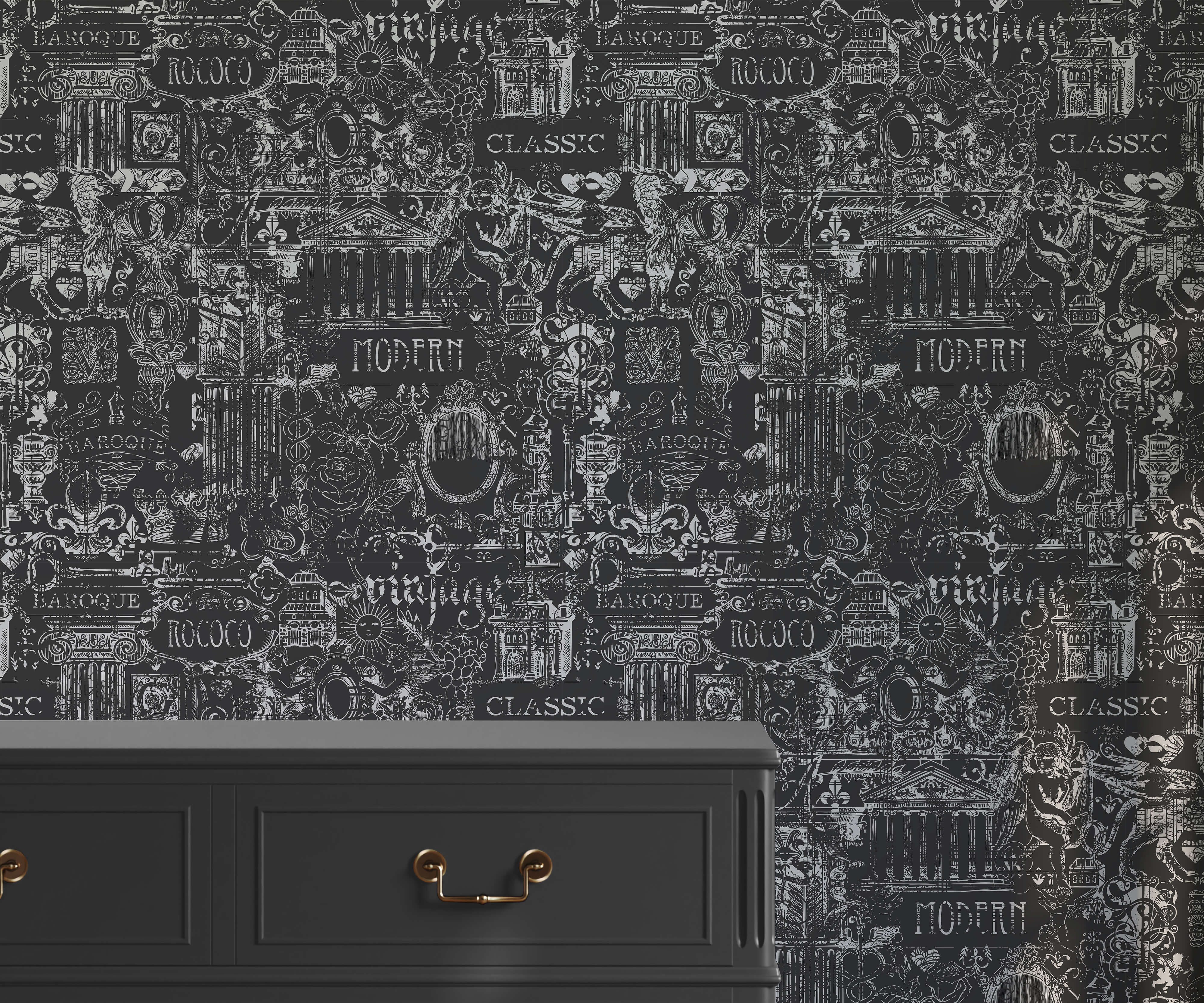 Dark gray barozzi dresser with gold toned handles against black and white ornate wallpaper backdrop