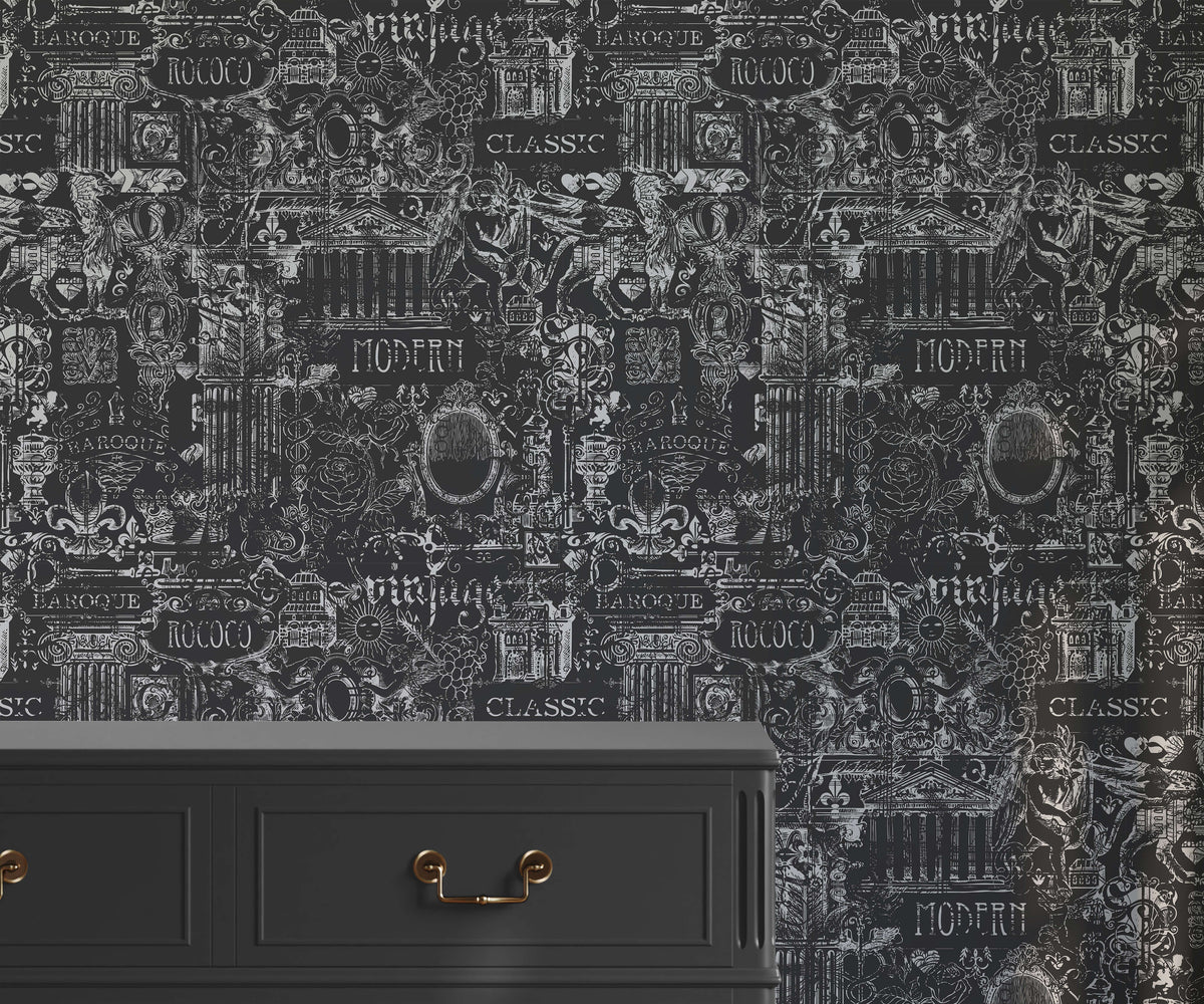 Dark gray barozzi dresser with gold toned handles against black and white ornate wallpaper backdrop