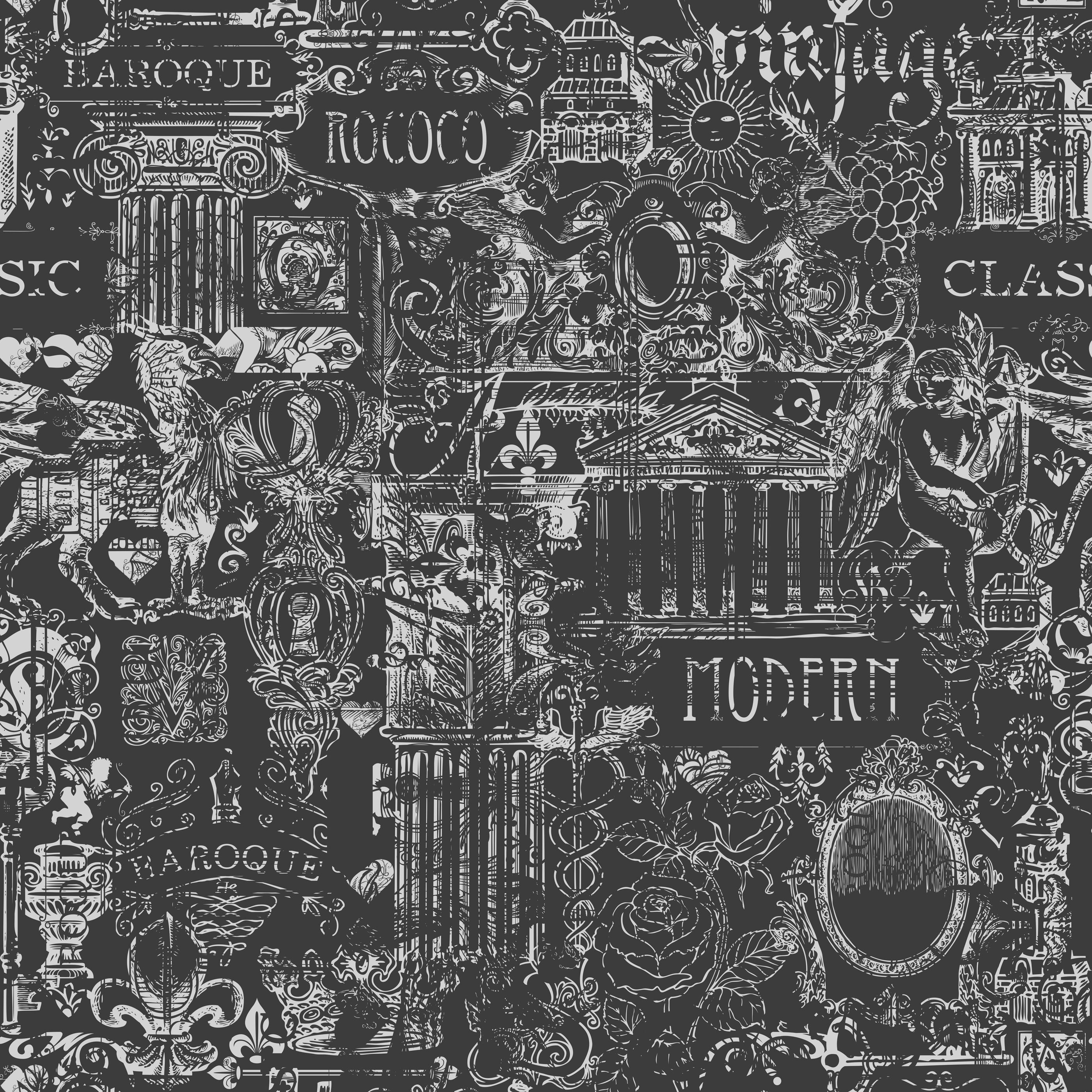 Black and white barozzi wallpaper with intricate architectural motifs and vintage decorative flourishes
