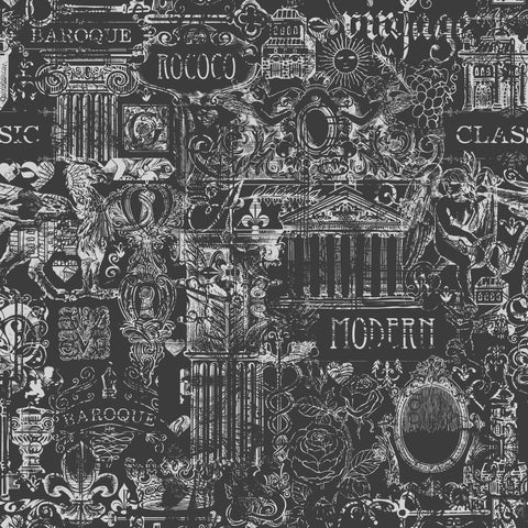Black and white barozzi wallpaper with intricate architectural motifs and vintage decorative flourishes