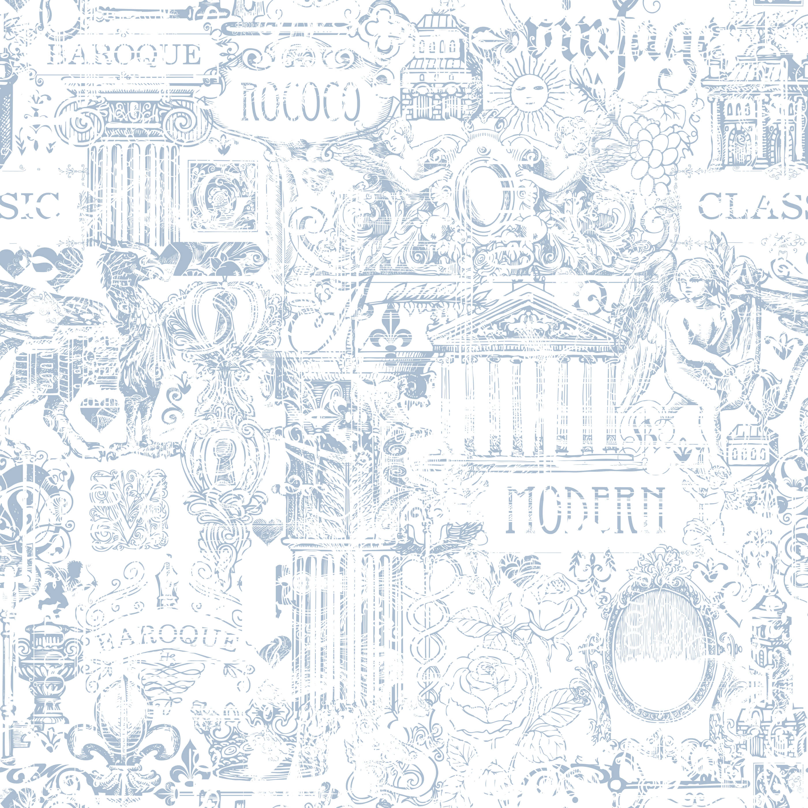 Blue and white ornate Barozzi wallpaper with intricate architectural patterns and vintage-style decorative motifs