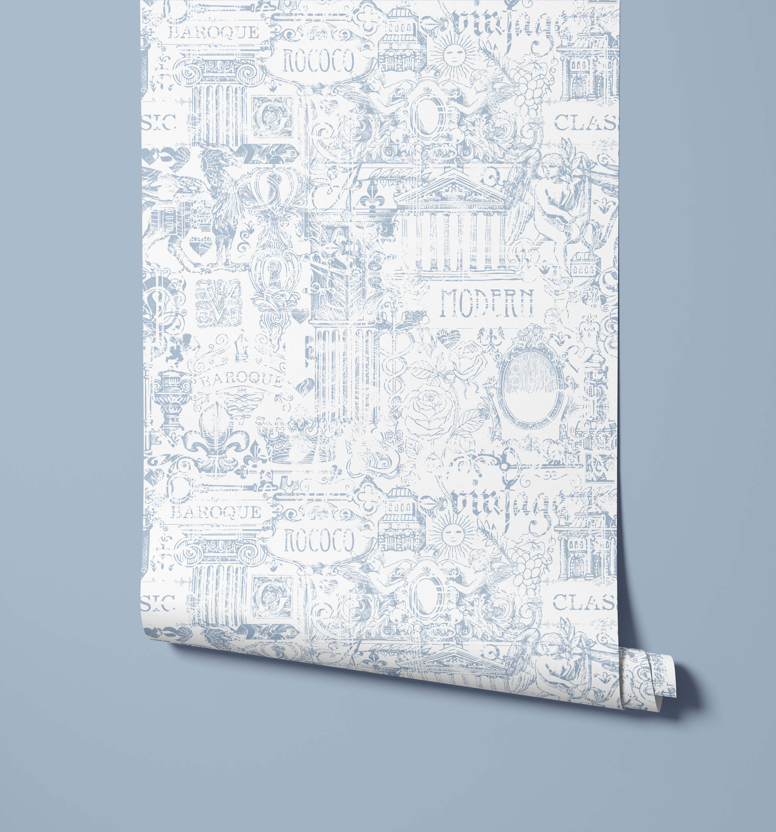 A roll of barozzi light gray wallpaper with intricate black line art of baroque rococo and classical architectural styles