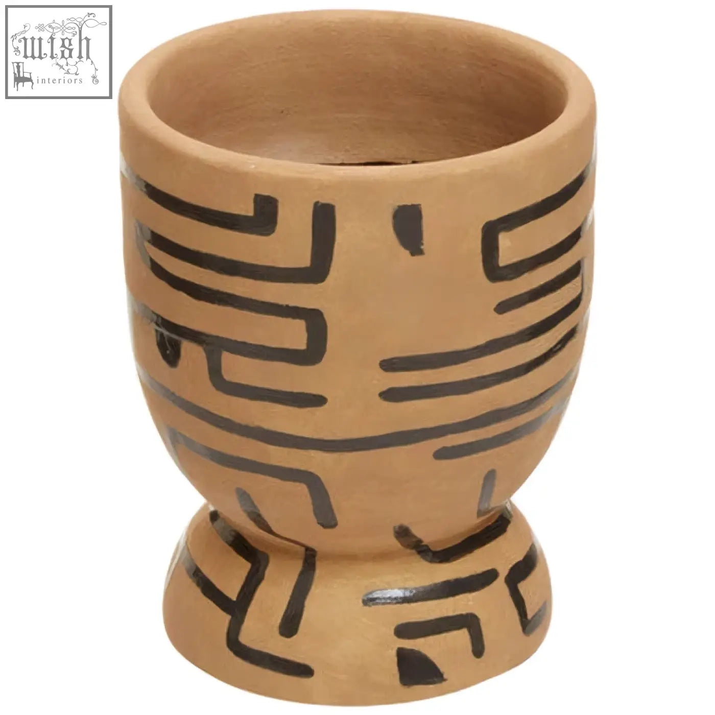 Terracotta hand painted earthenware planter with black geometric patterns in a ceramic egg cup shape