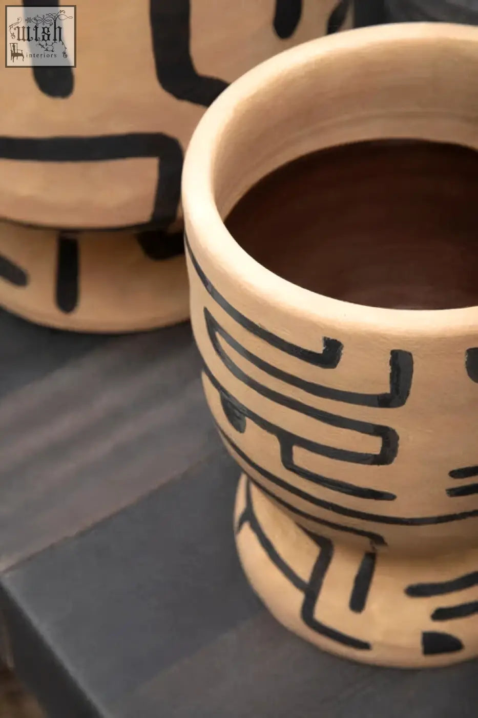 Beige ceramic hand painted earthenware planter with black geometric line design perfect for indoor plants