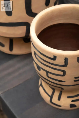 Beige ceramic hand painted earthenware planter with black geometric line design perfect for indoor plants