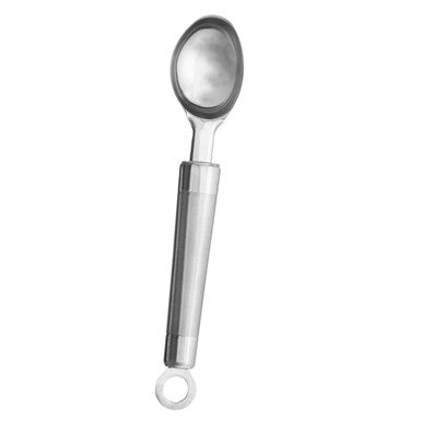 Barron brushed stainless steel ice cream scoop with polished reflective bowl and sleek handle with hanging ring