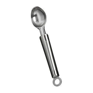 Barron brushed stainless steel ice cream scoop with polished reflective bowl and cylindrical handle with ring end