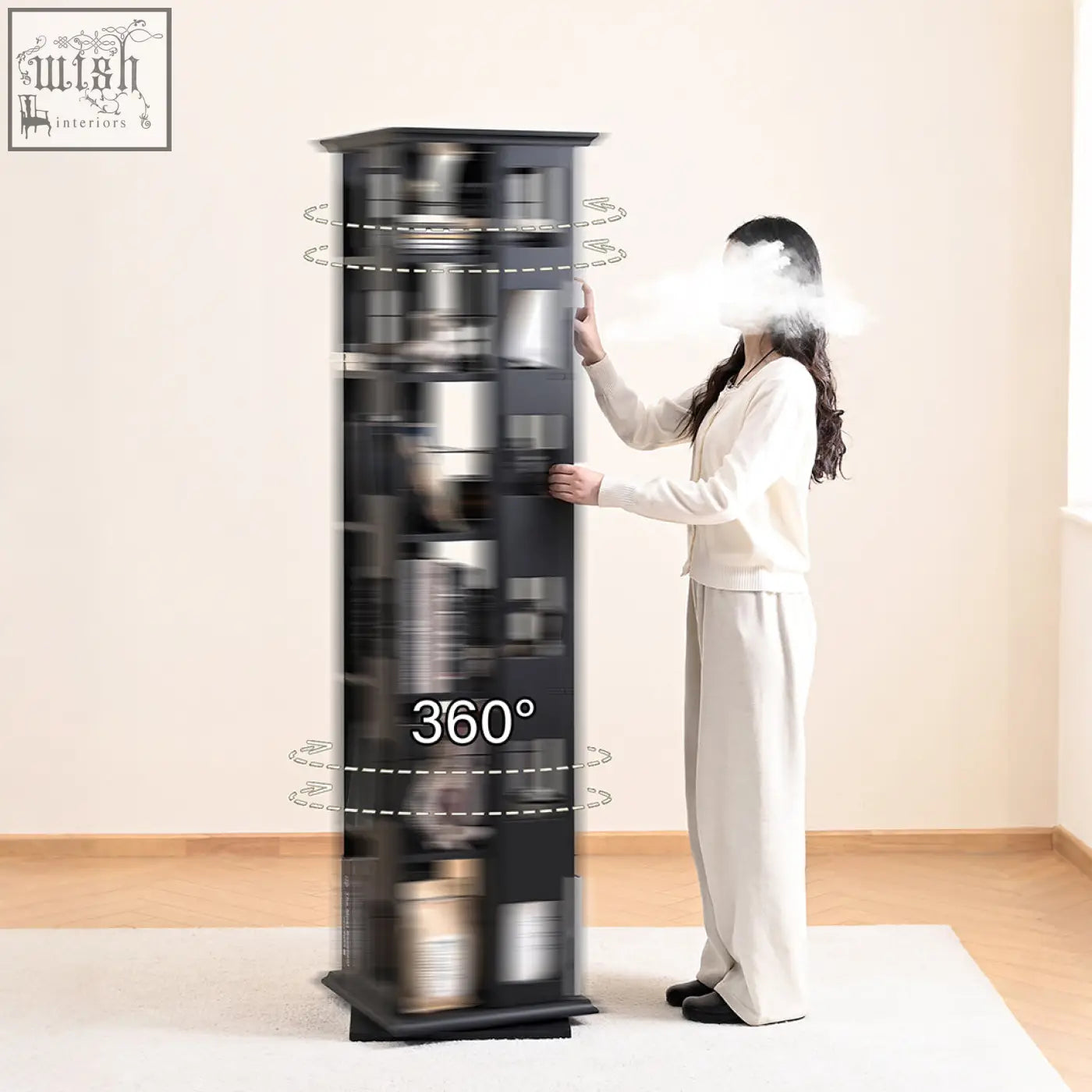 Black solid wood bartholomew rotating bookshelf with glass shelves and 360-degree rotation feature for magazines and books