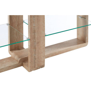 Light oak wood barton 2 tier media unit with clear glass shelves and a minimalist modern design