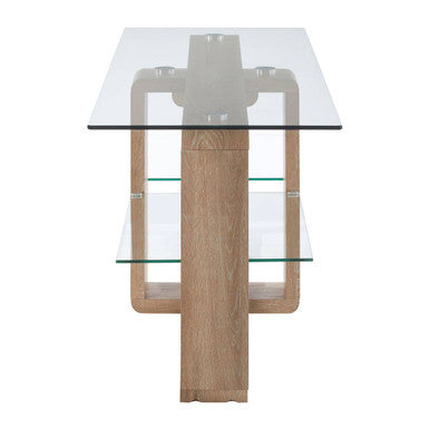 Modern barton 2 tier media unit with light oak wooden column and clear tempered glass shelves for stylish storage