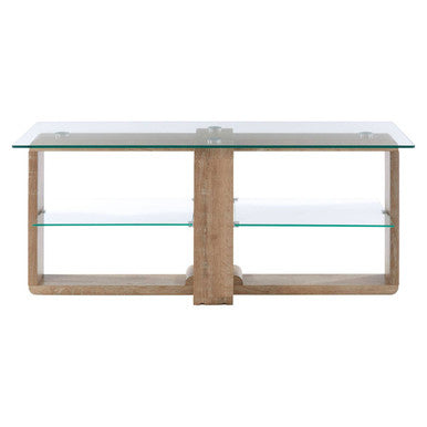 Modern glass-top tv stand with rustic wood frame and two clear shelves media unit for stylish living rooms