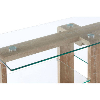 Modern barton 2 tier media unit with glass top light oak legs and clear acrylic connectors for stylish storage