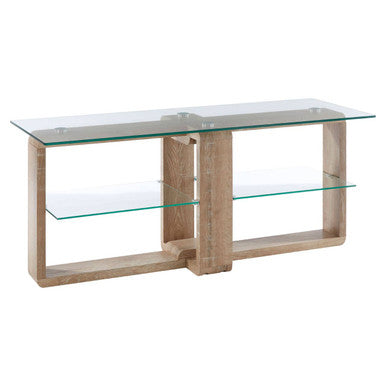 Modern oak media unit with clear glass shelves and minimalist design perfect for stylish living rooms