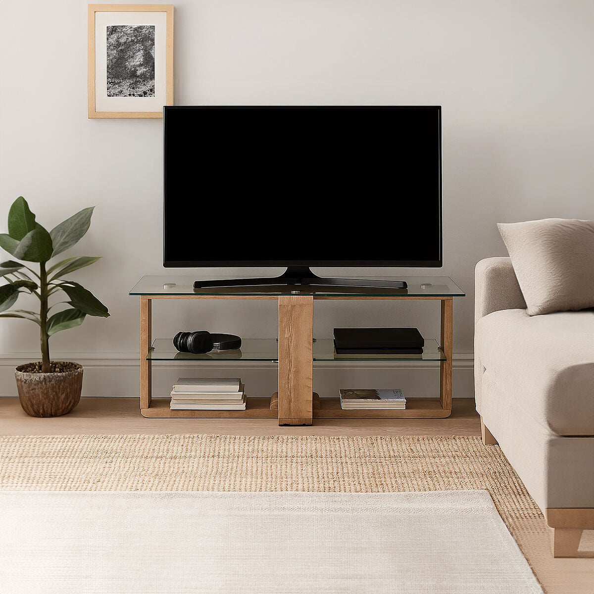 Modern oak-framed barton 2 tier media unit with clear glass shelves and minimalist design for living room use