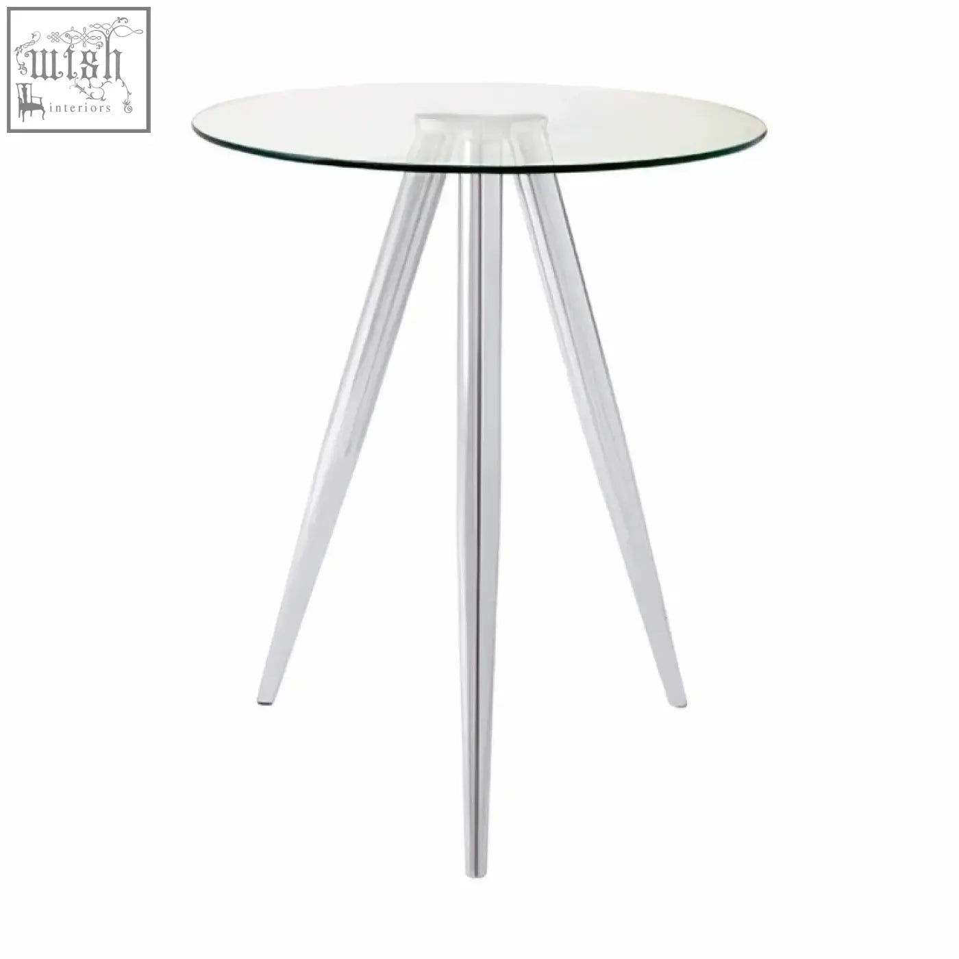 Barton round glass bar table with clear glass top and three slender chrome legs perfect as a glass bar table