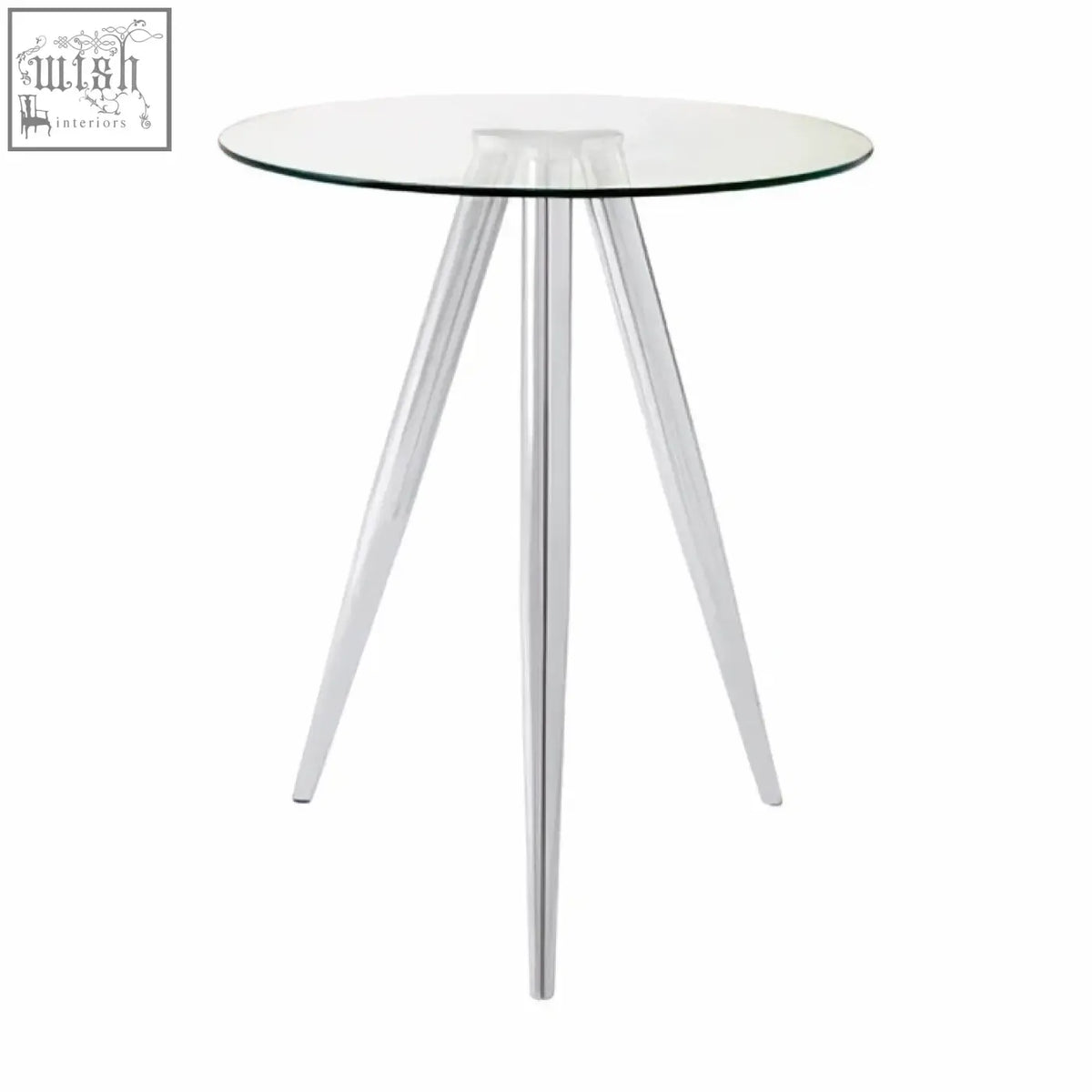 Barton round glass bar table with clear glass top and three slender chrome legs perfect as a glass bar table