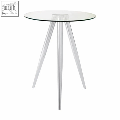 Barton round glass bar table with clear glass top and three slender chrome legs perfect as a glass bar table