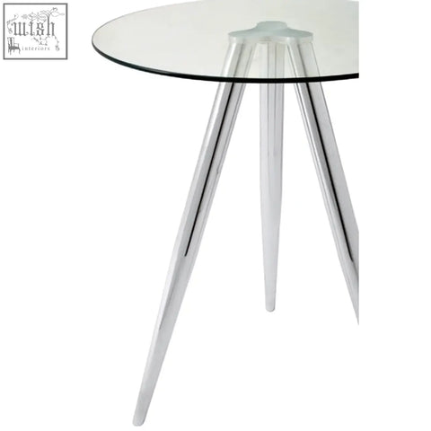 Barton round glass bar table with clear glass top and three slender chrome legs for modern glass bar setup