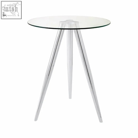 Barton round glass bar table with clear glass top and three slender chrome legs perfect for any space