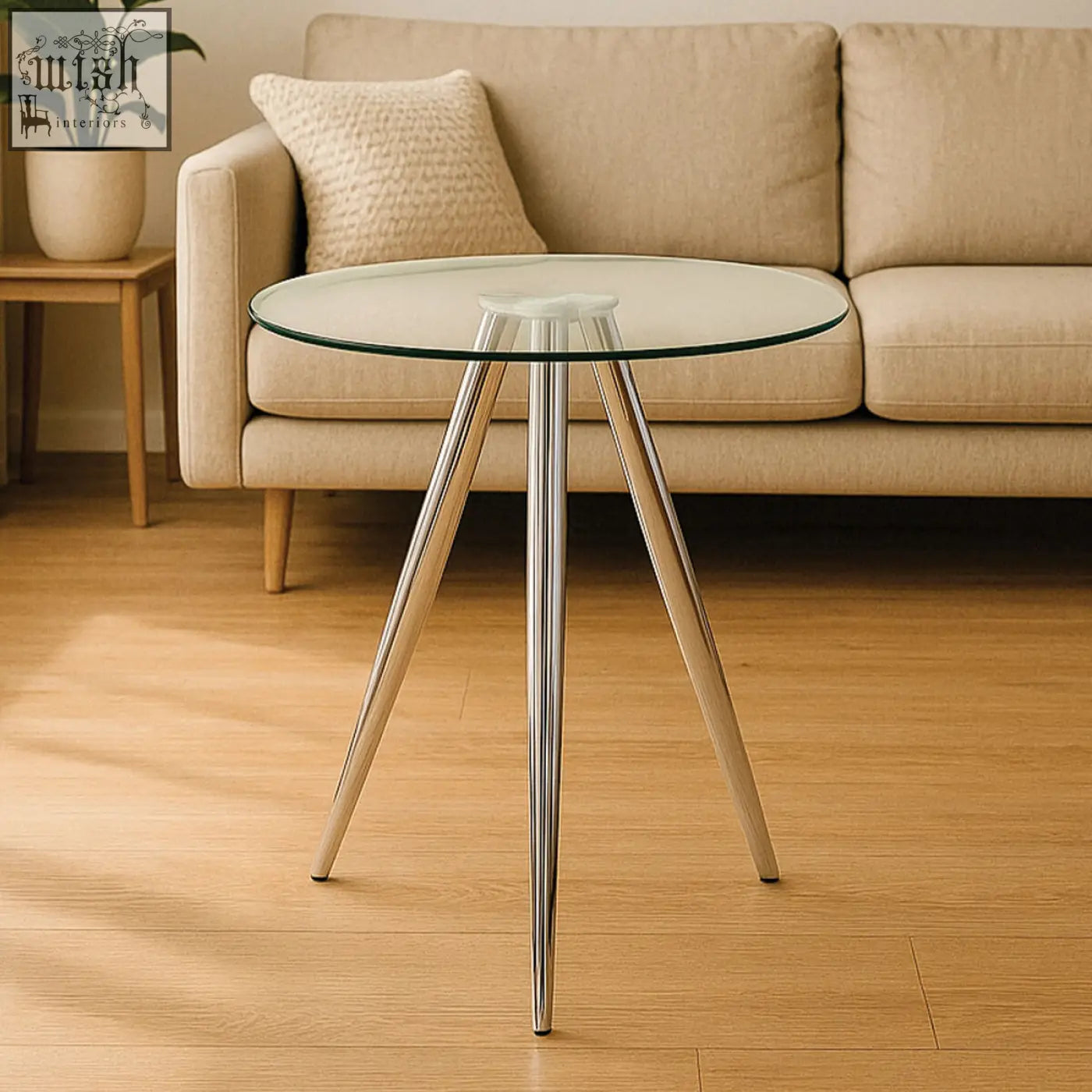 Barton round glass bar table with sleek tapered chrome legs and a modern glass top for stylish entertaining