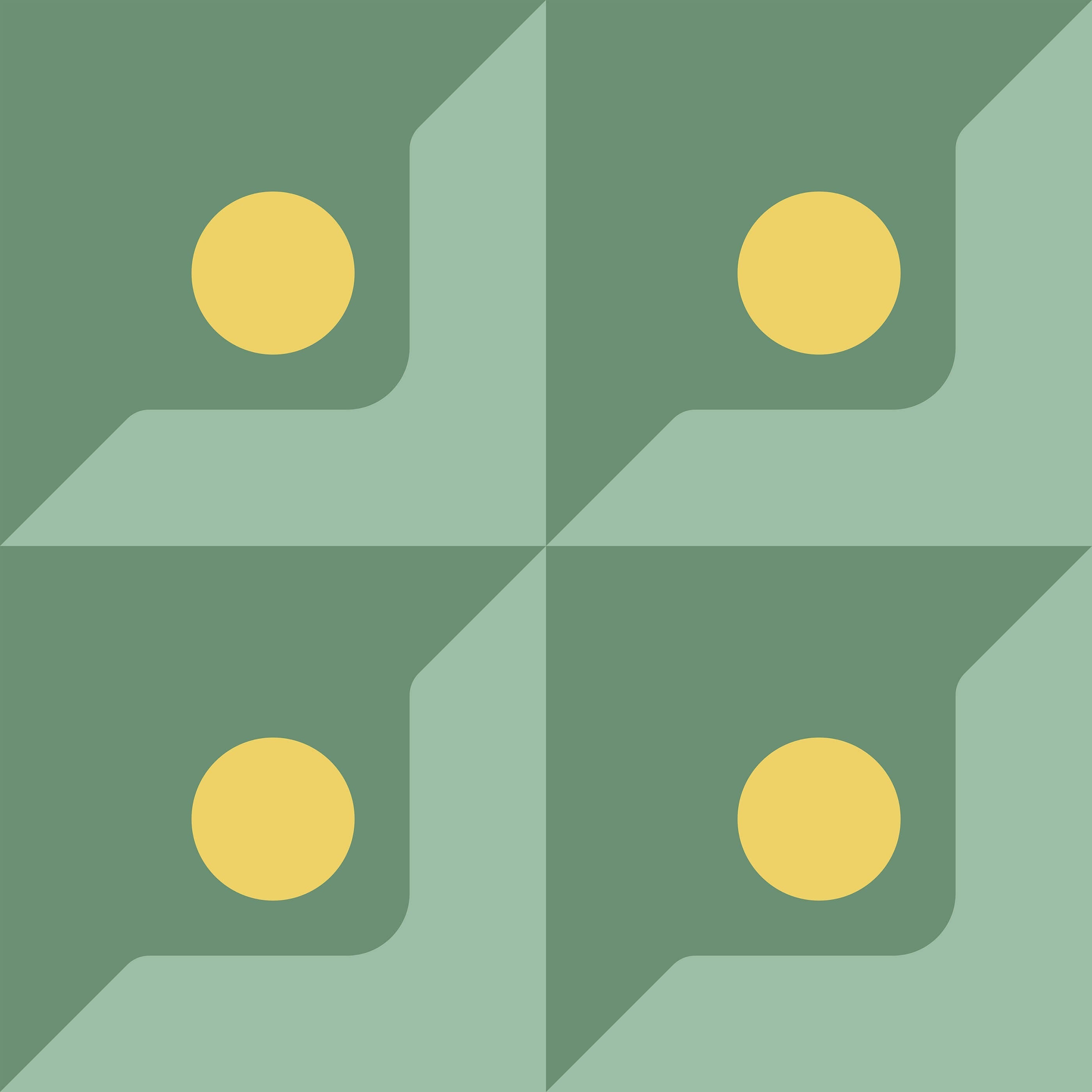 Base product with geometric pattern of four yellow circles on muted green background with angular overlapping shapes